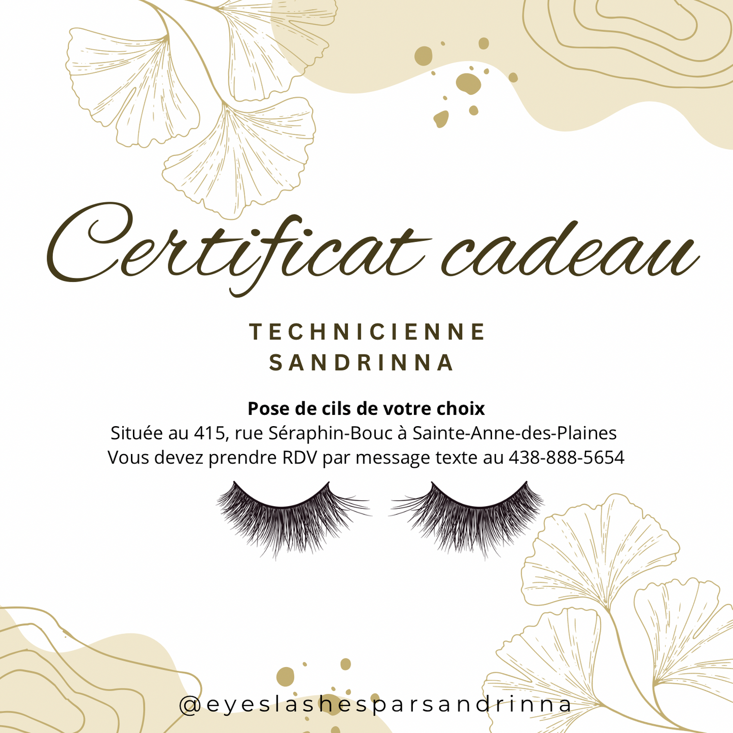 Carte cadeau numérique | Pose de cils par Sandrinna à Sainte-Anne-des-Plaines