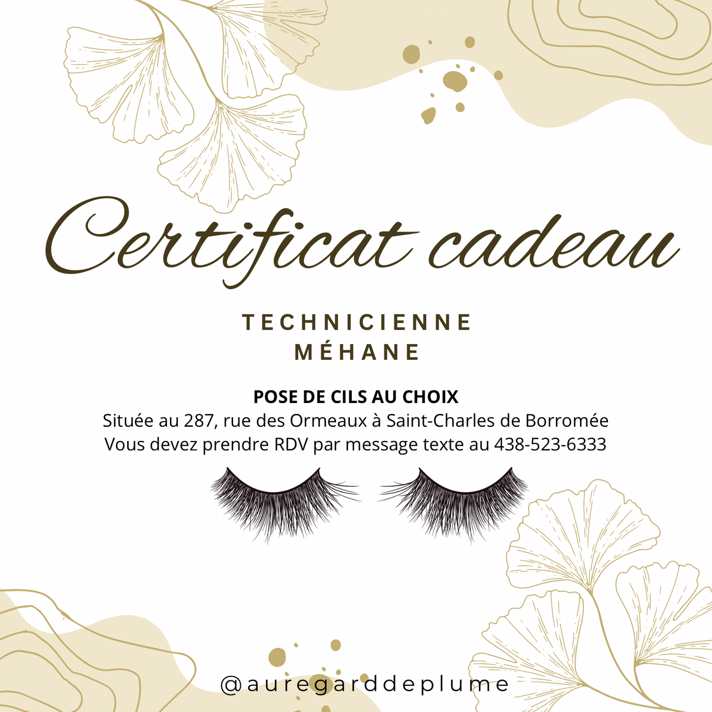 Carte cadeau numérique | Pose de cils par Méhane à St-Charles-de-Borromée